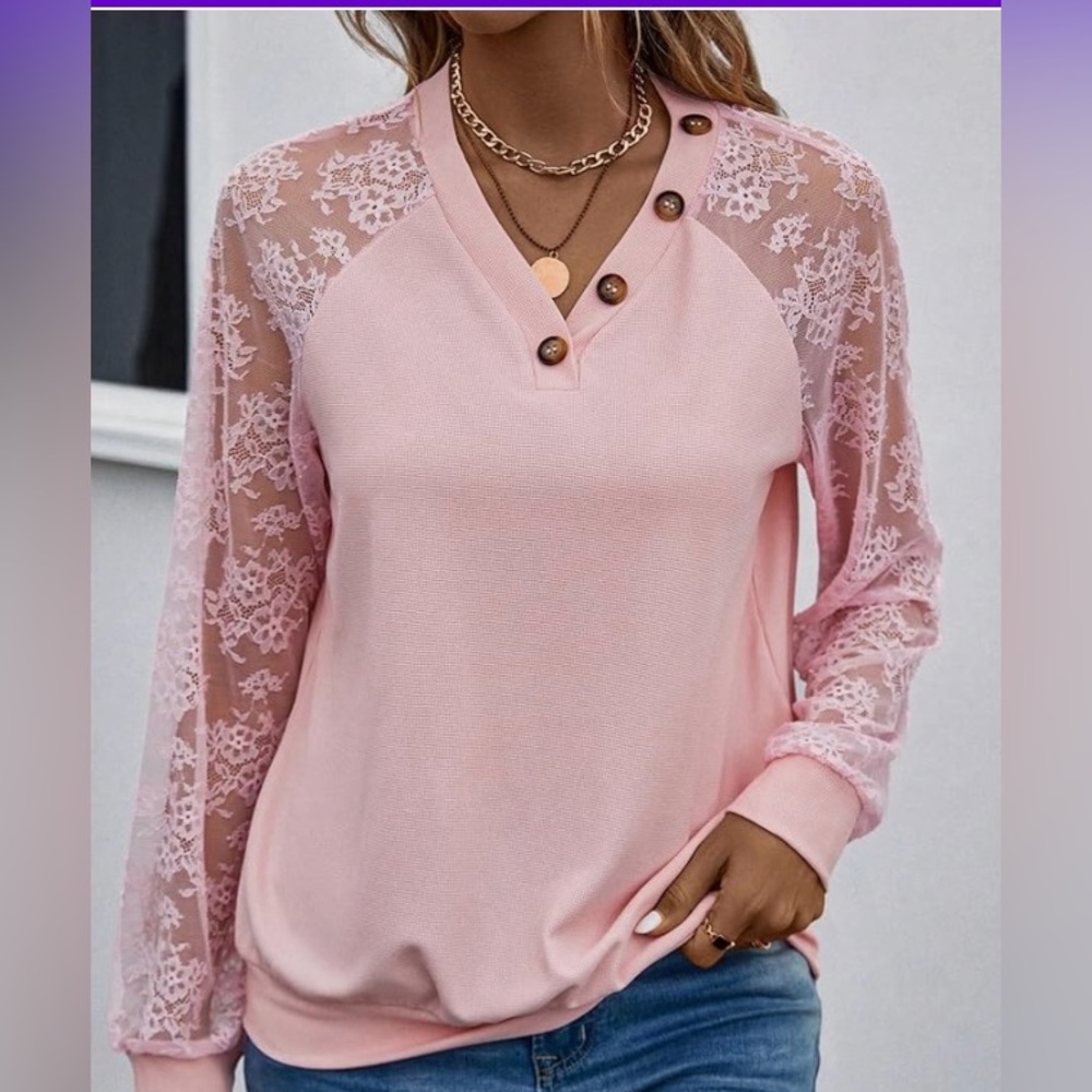 Floral lace v neck button long sleeve